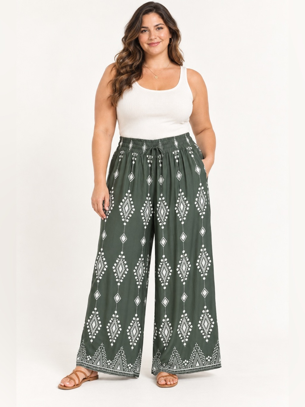 Plus Size Olive Green Wide Leg Printed Pants